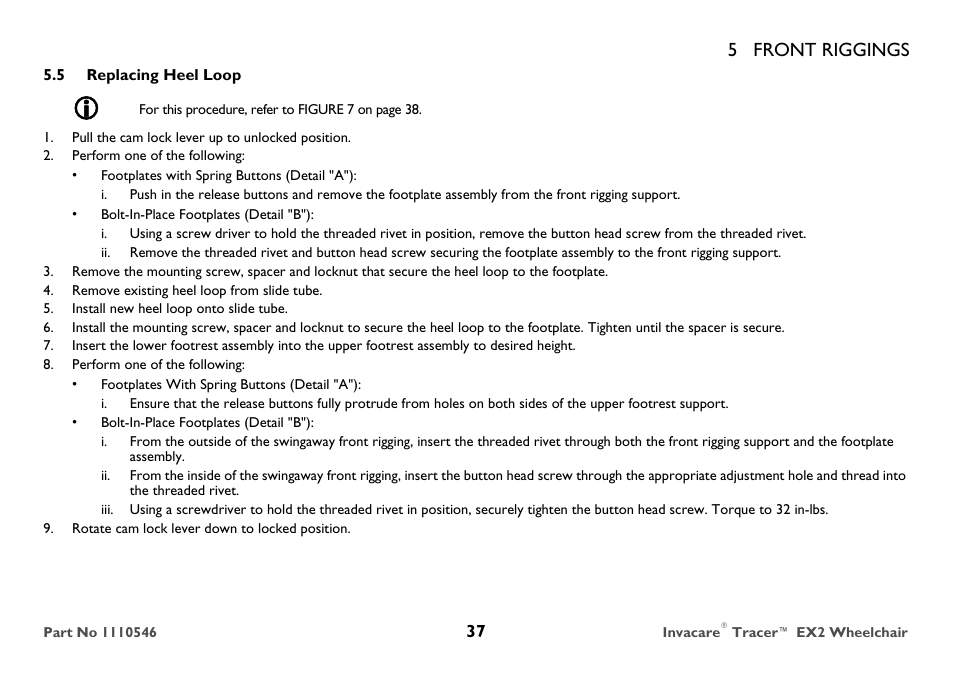 Replacing heel loop, 5 front riggings | Invacare TRACER EX2 User Manual | Page 37 / 64