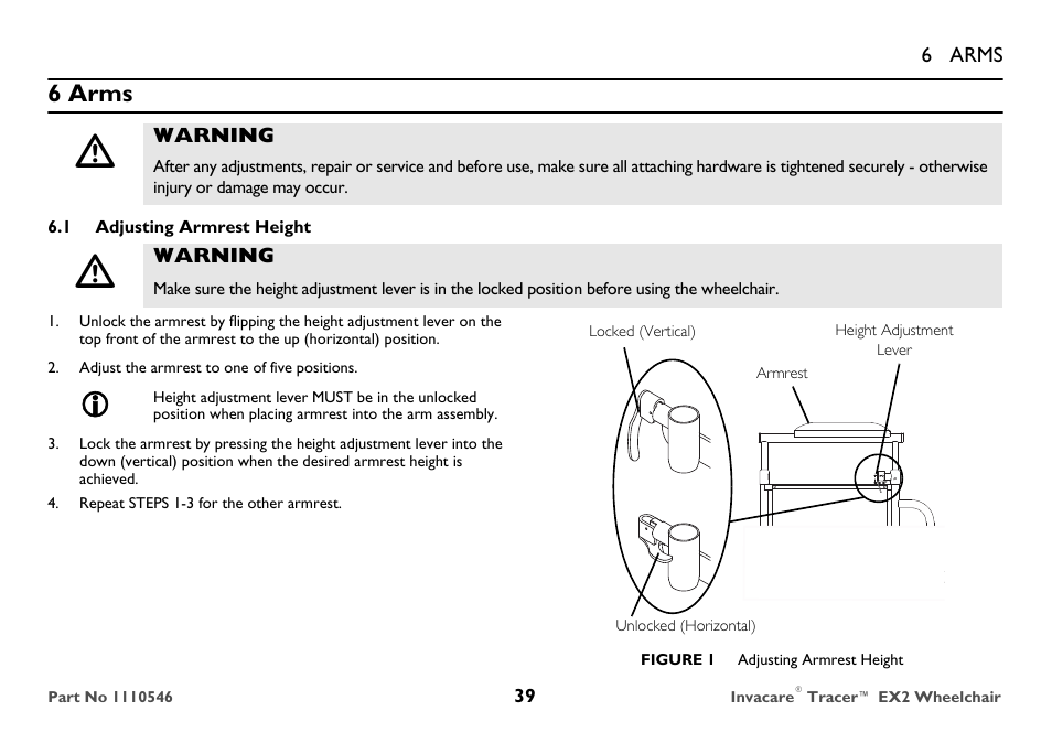 Arms, Adjusting armrest height, 6 arms | Invacare TRACER EX2 User Manual | Page 39 / 64