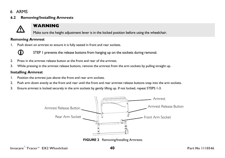 Removing/installing armrests | Invacare TRACER EX2 User Manual | Page 40 / 64