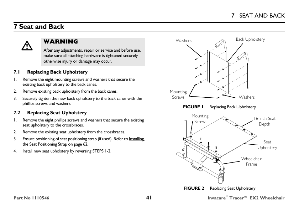 Seat and back, 7 seat and back, Warning | Invacare TRACER EX2 User Manual | Page 41 / 64