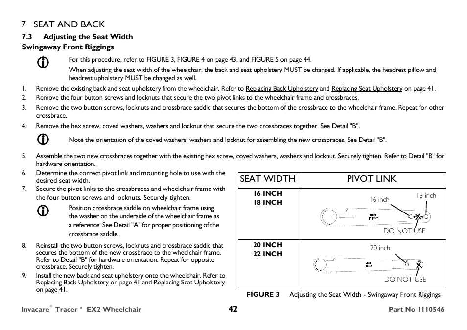 Adjusting the seat width, 7 seat and back, Seat width pivot link | Invacare TRACER EX2 User Manual | Page 42 / 64