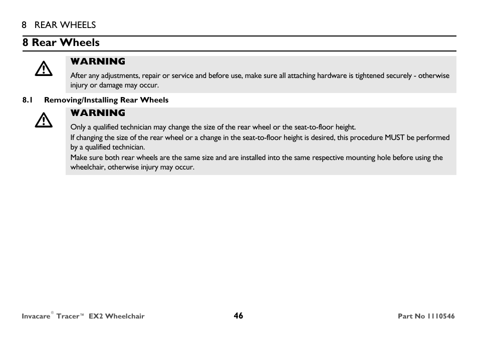Rear wheels, Removing/installing rear wheels | Invacare TRACER EX2 User Manual | Page 46 / 64