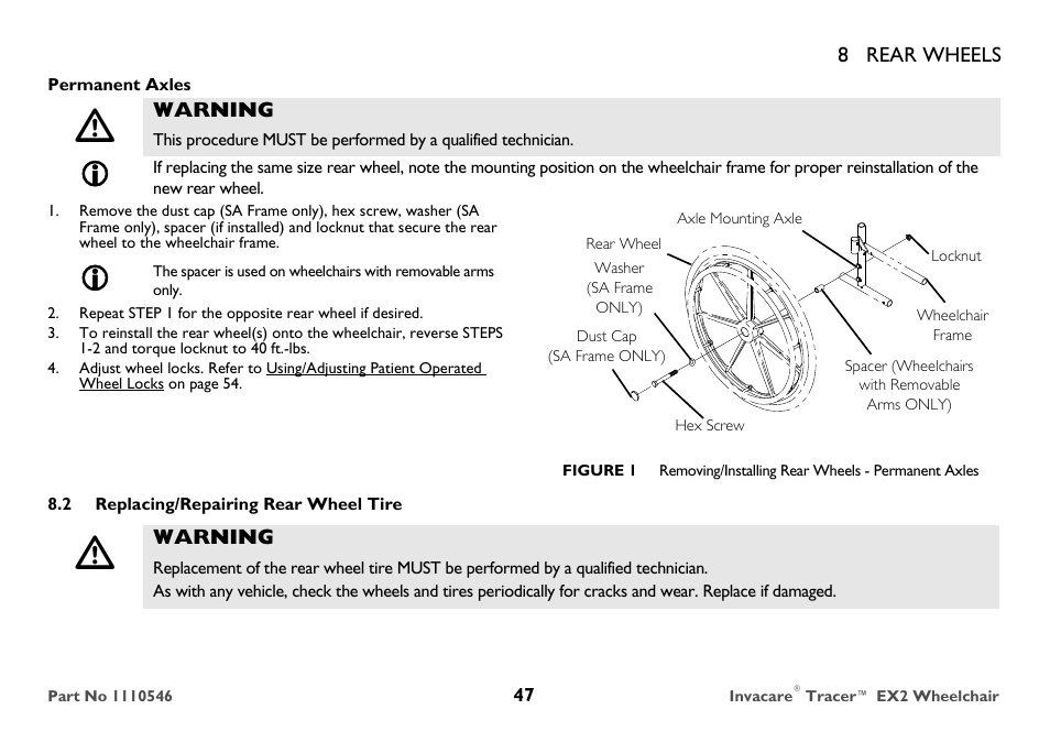 Replacing/repairing rear wheel tire | Invacare TRACER EX2 User Manual | Page 47 / 64