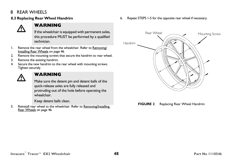 Replacing rear wheel handrim | Invacare TRACER EX2 User Manual | Page 48 / 64