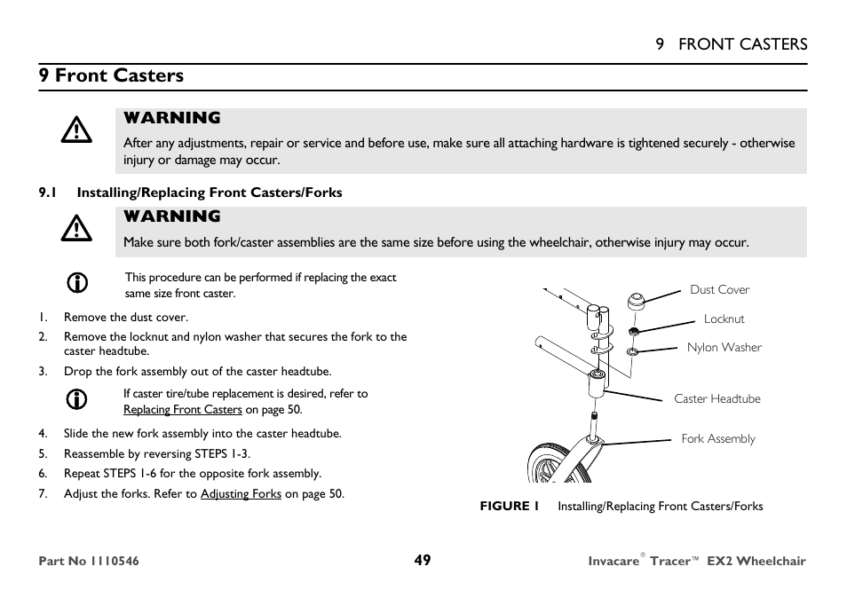 Front casters, Installing/replacing front casters/forks, 9 front casters | Invacare TRACER EX2 User Manual | Page 49 / 64