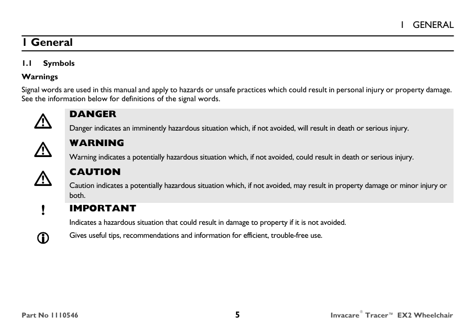 General, Symbols | Invacare TRACER EX2 User Manual | Page 5 / 64
