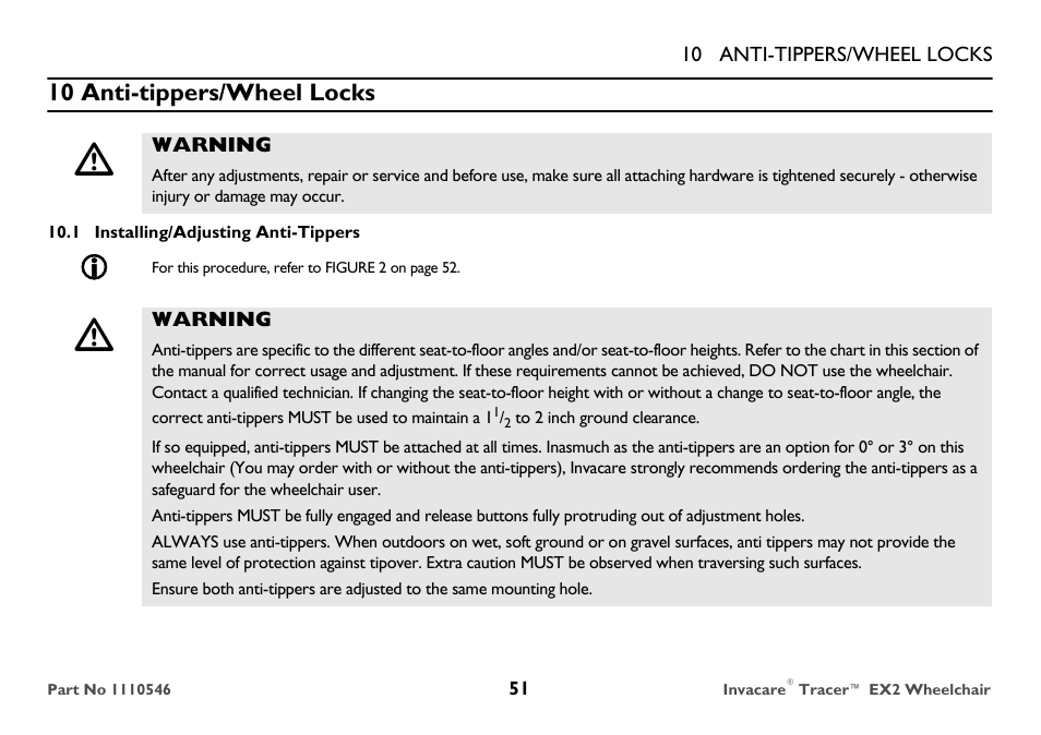 10 anti-tippers/wheel locks, Installing/adjusting anti-tippers | Invacare TRACER EX2 User Manual | Page 51 / 64