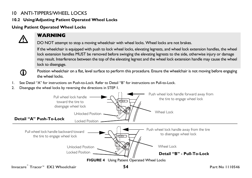 Using/adjusting patient operated wheel locks, S. refer to using/adjusting patient operated | Invacare TRACER EX2 User Manual | Page 54 / 64