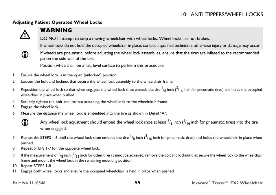 10 anti-tippers/wheel locks, Warning | Invacare TRACER EX2 User Manual | Page 55 / 64
