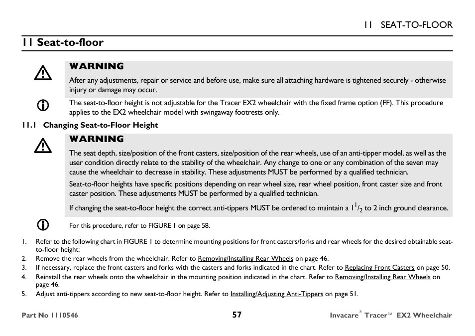 11 seat-to-floor, Changing seat-to-floor height | Invacare TRACER EX2 User Manual | Page 57 / 64