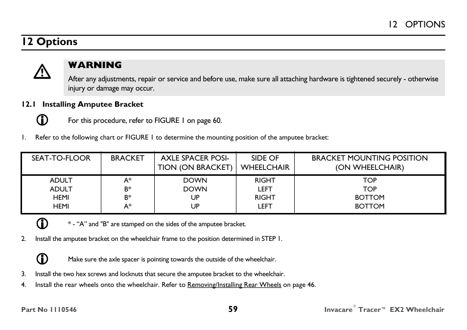 12 options, Installing amputee bracket | Invacare TRACER EX2 User Manual | Page 59 / 64