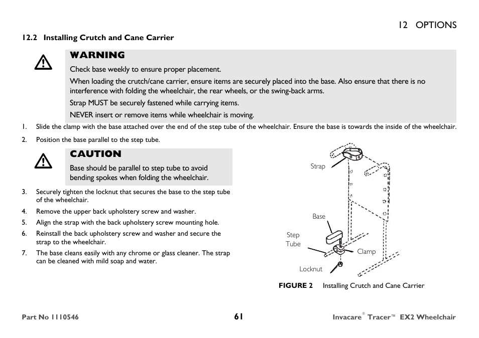 Installing crutch and cane carrier | Invacare TRACER EX2 User Manual | Page 61 / 64