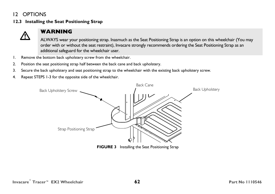 Installing the seat positioning strap, Used). refer to installing | Invacare TRACER EX2 User Manual | Page 62 / 64