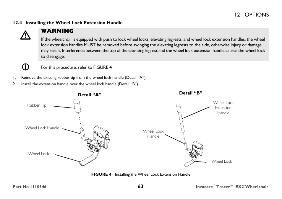 Installing the wheel lock extension handle | Invacare TRACER EX2 User Manual | Page 63 / 64