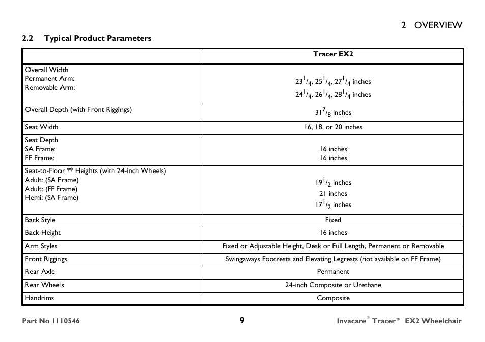 Typical product parameters, 2 overview | Invacare TRACER EX2 User Manual | Page 9 / 64