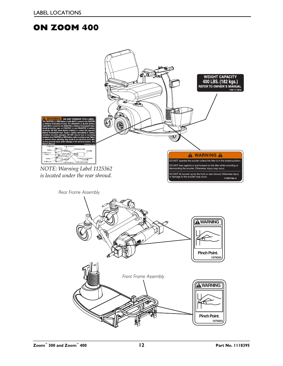 On zoom 400, Label locations | Invacare 300 User Manual | Page 12 / 72