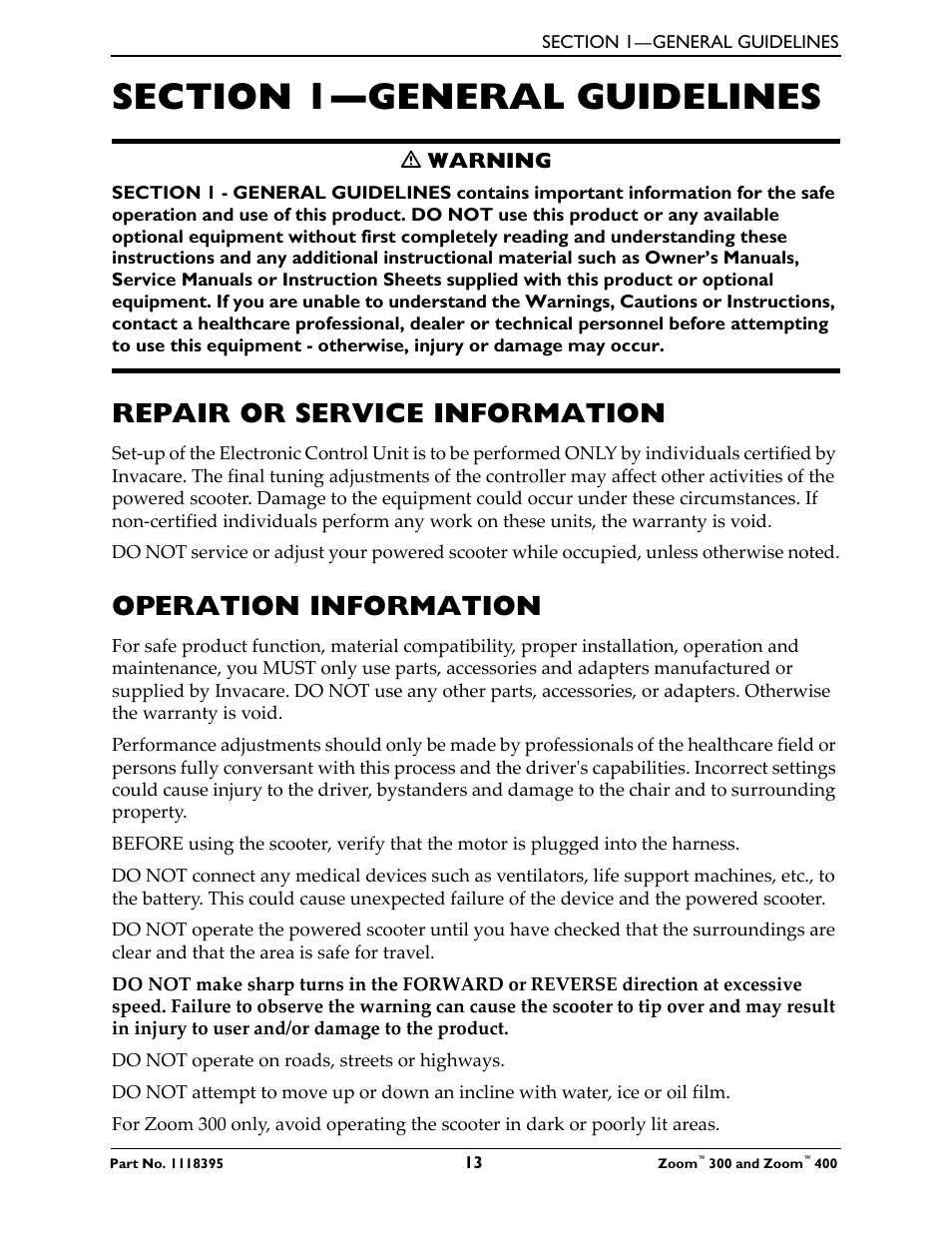 Section 1- general guidelines, Repair or service information, Operation information | Section 1—general guidelines | Invacare 300 User Manual | Page 13 / 72