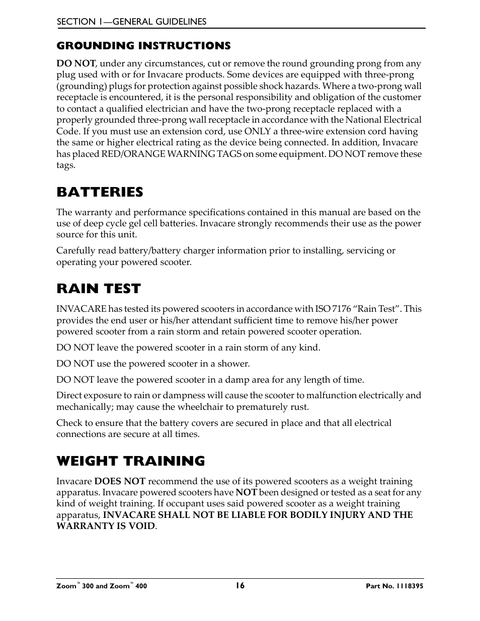 Grounding instructions, Batteries, Rain test | Weight training, Batteries rain test weight training | Invacare 300 User Manual | Page 16 / 72