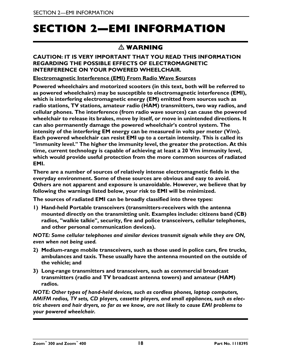 Section 2- emi information, Section 2—emi information | Invacare 300 User Manual | Page 18 / 72