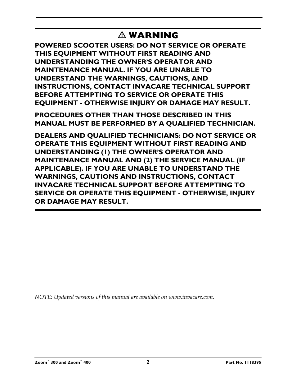 Ƽ warning | Invacare 300 User Manual | Page 2 / 72