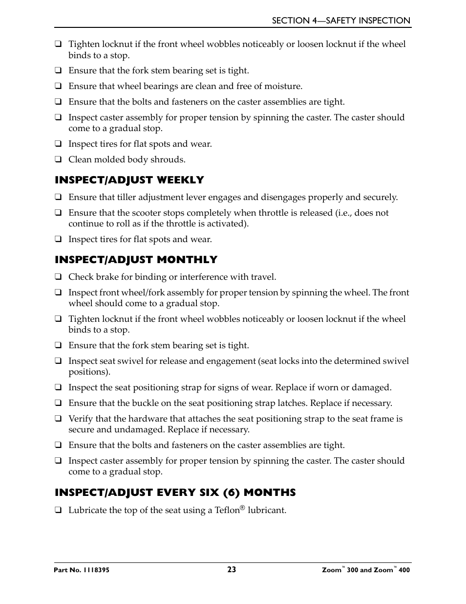 Inspect/adjust weekly, Inspect/adjust monthly, Inspect/adjust every six (6) months | Invacare 300 User Manual | Page 23 / 72