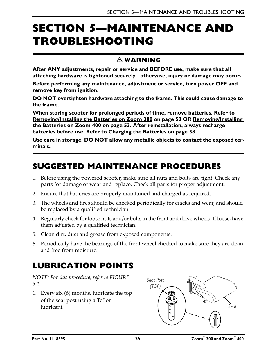 Section 5- maintenance and troubleshooting, Suggested maintenance procedures, Lubrication points | Section 5—maintenance and troubleshooting | Invacare 300 User Manual | Page 25 / 72