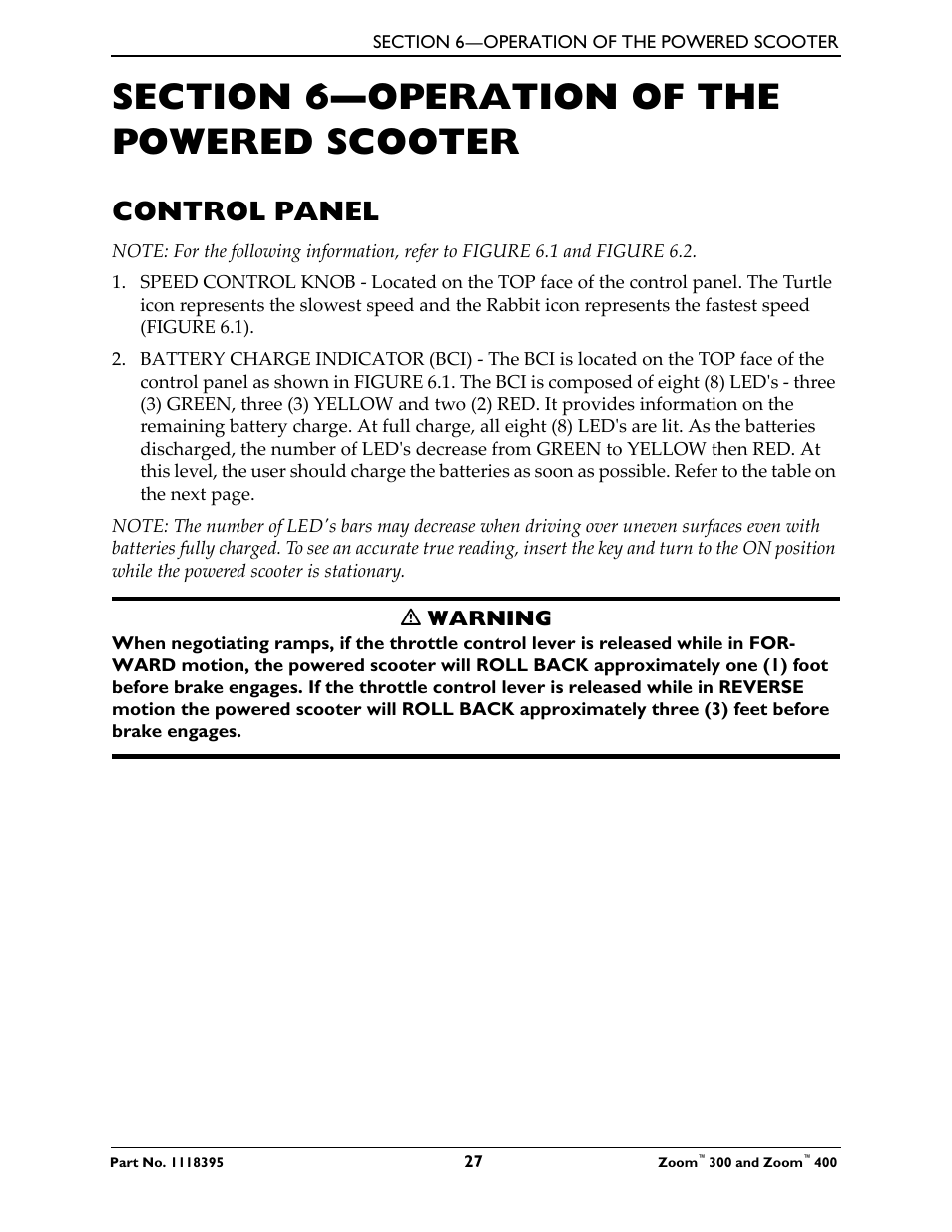 Section 6- operation of the powered scooter, Control panel, Section 6—operation of the powered scooter | Invacare 300 User Manual | Page 27 / 72