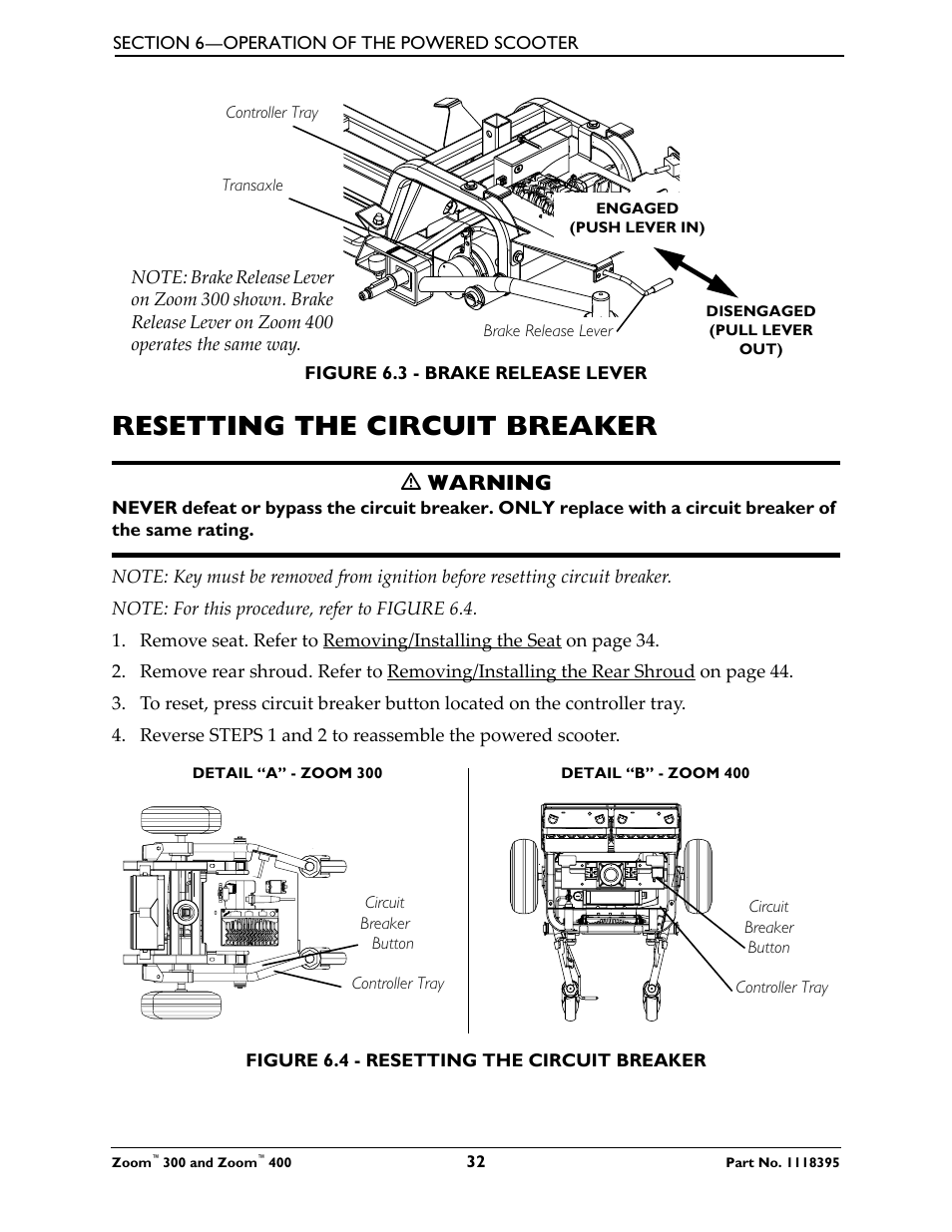 Resetting the circuit breaker, Ƽ warning | Invacare 300 User Manual | Page 32 / 72