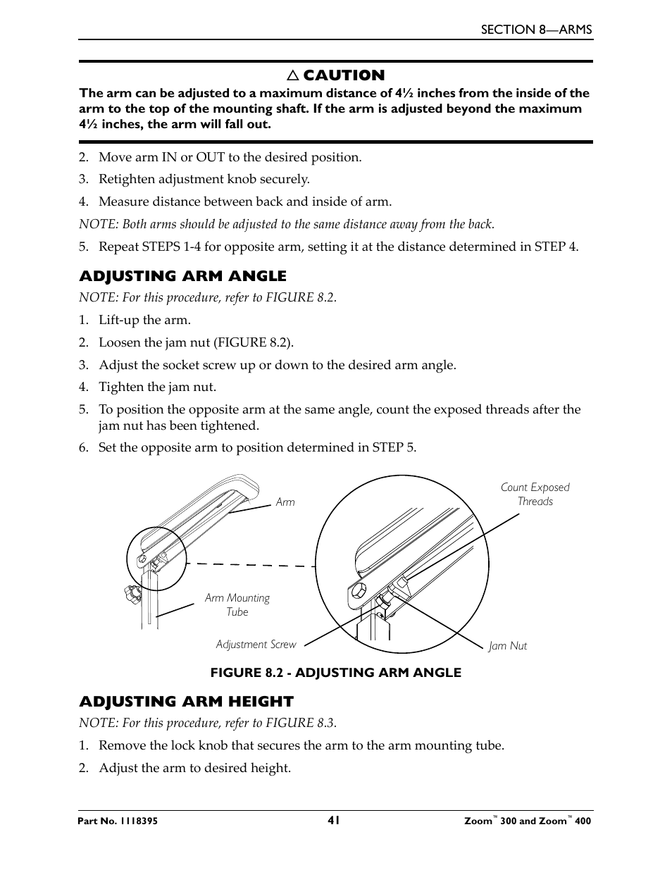 Adjusting arm angle, Adjusting arm height, Caution | Invacare 300 User Manual | Page 41 / 72