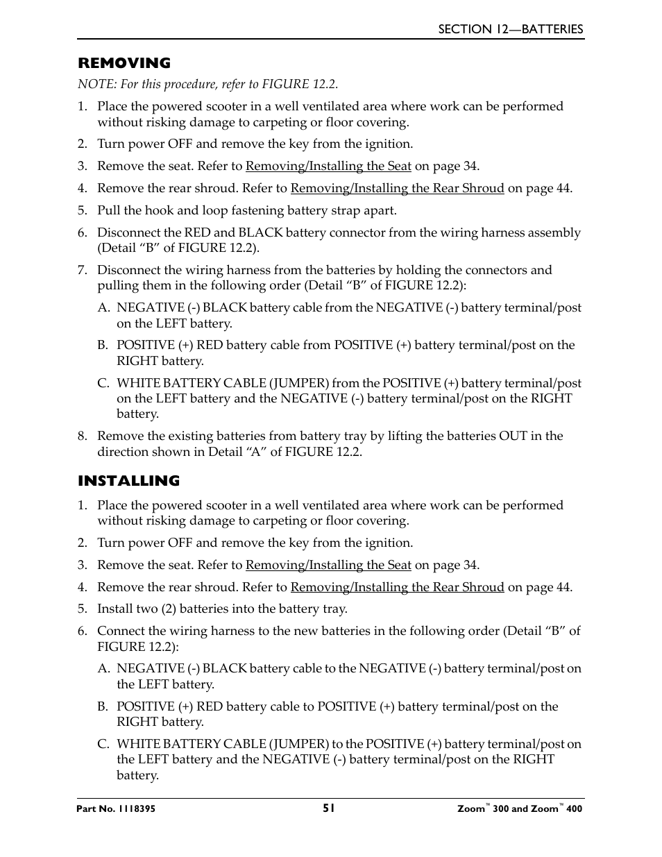 Removing, Installing | Invacare 300 User Manual | Page 51 / 72
