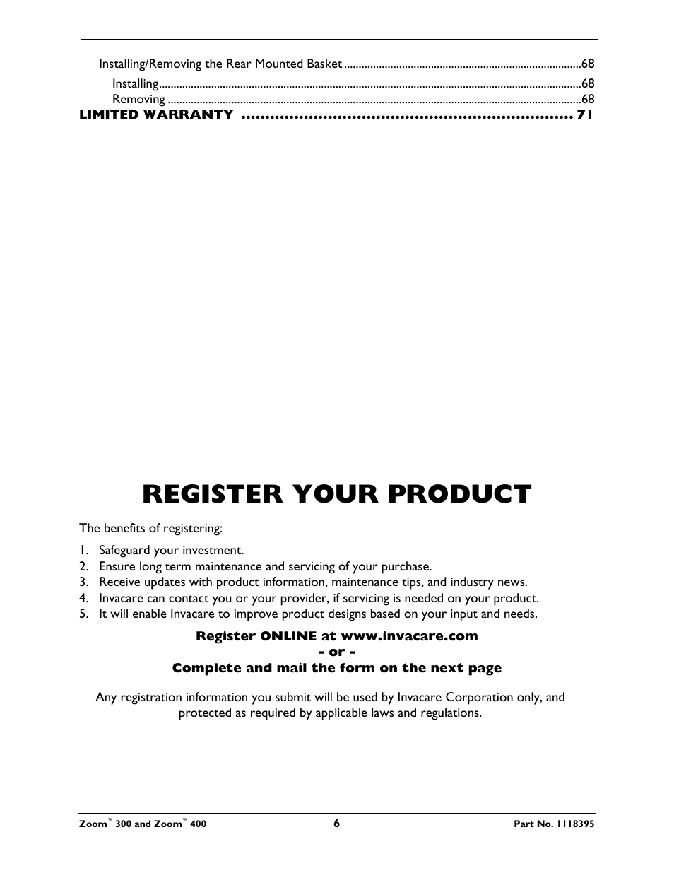 Register your product | Invacare 300 User Manual | Page 6 / 72