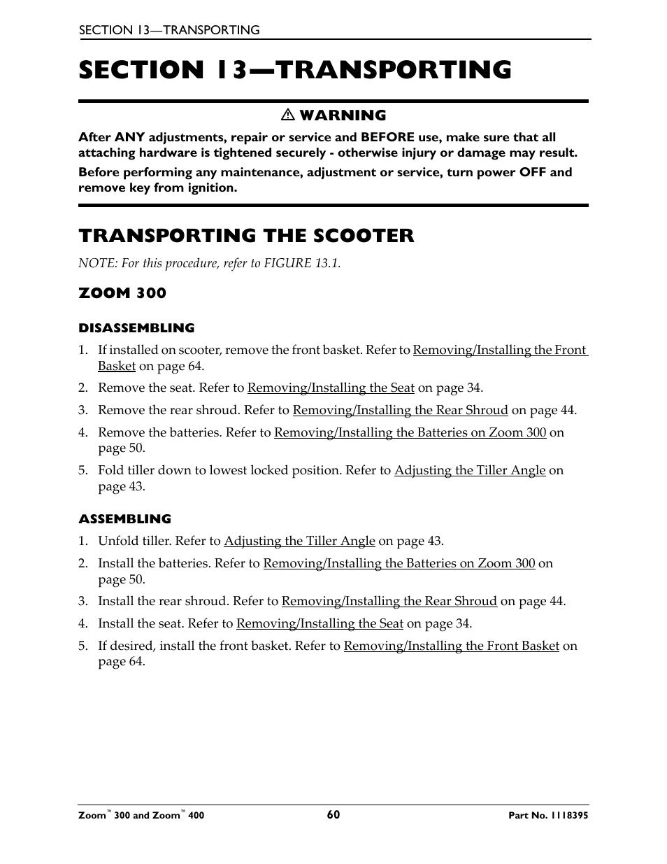 Section 13- transporting, Transporting the scooter, Zoom 300 | Disassembling, Assembling, Section 13—transporting | Invacare 300 User Manual | Page 60 / 72