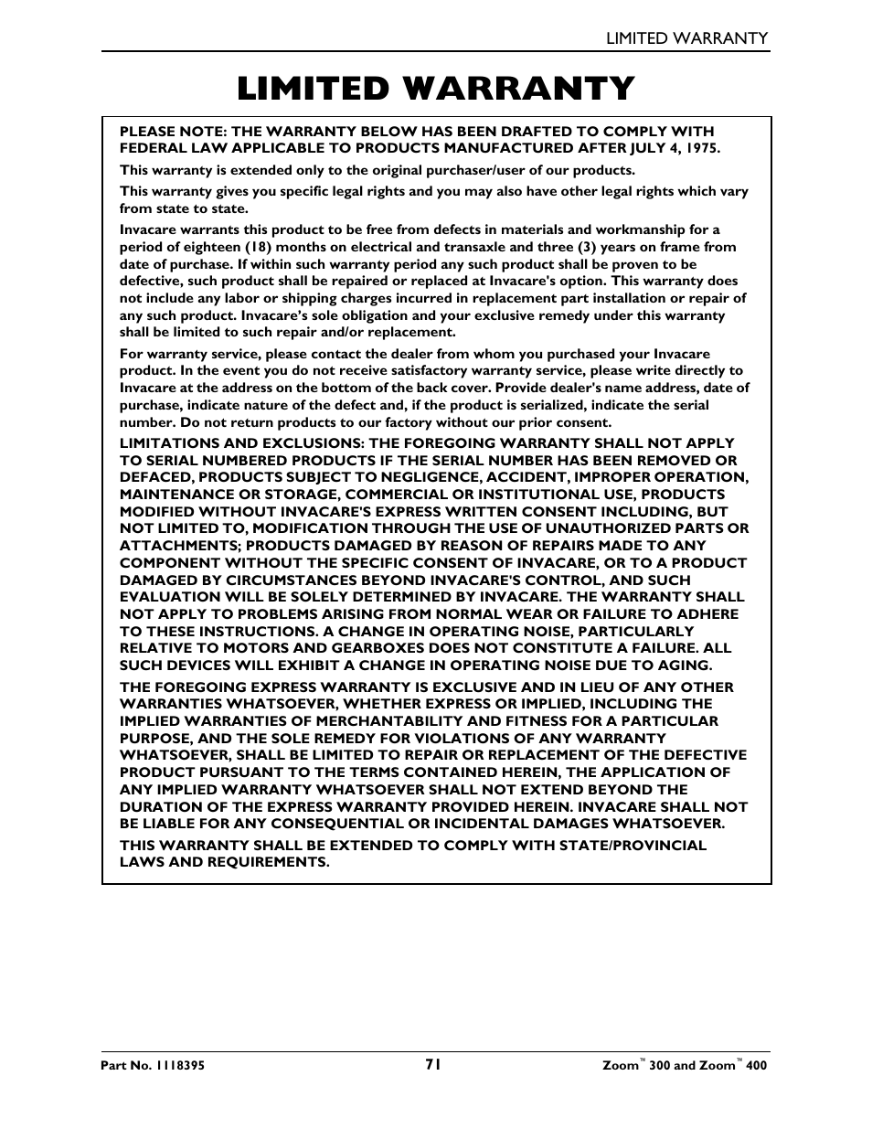 Limited warranty | Invacare 300 User Manual | Page 71 / 72