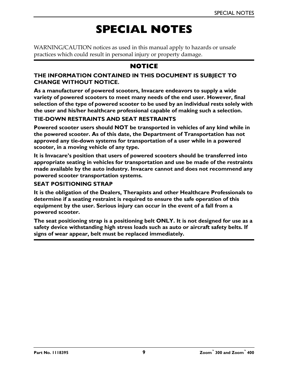 Special notes | Invacare 300 User Manual | Page 9 / 72