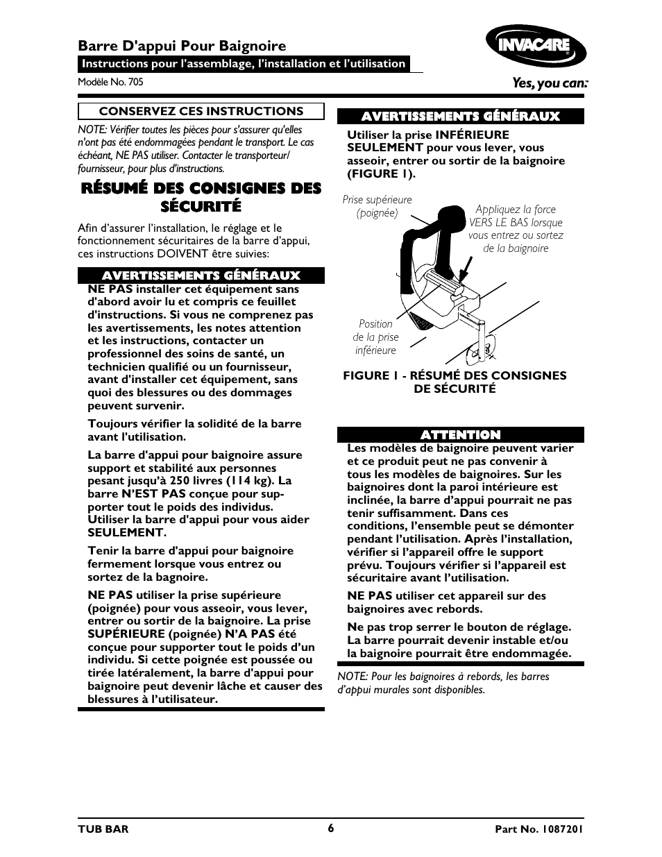 Barre d'appui pour baignoire, Résumé des consignes des | Invacare 705 User Manual | Page 6 / 8