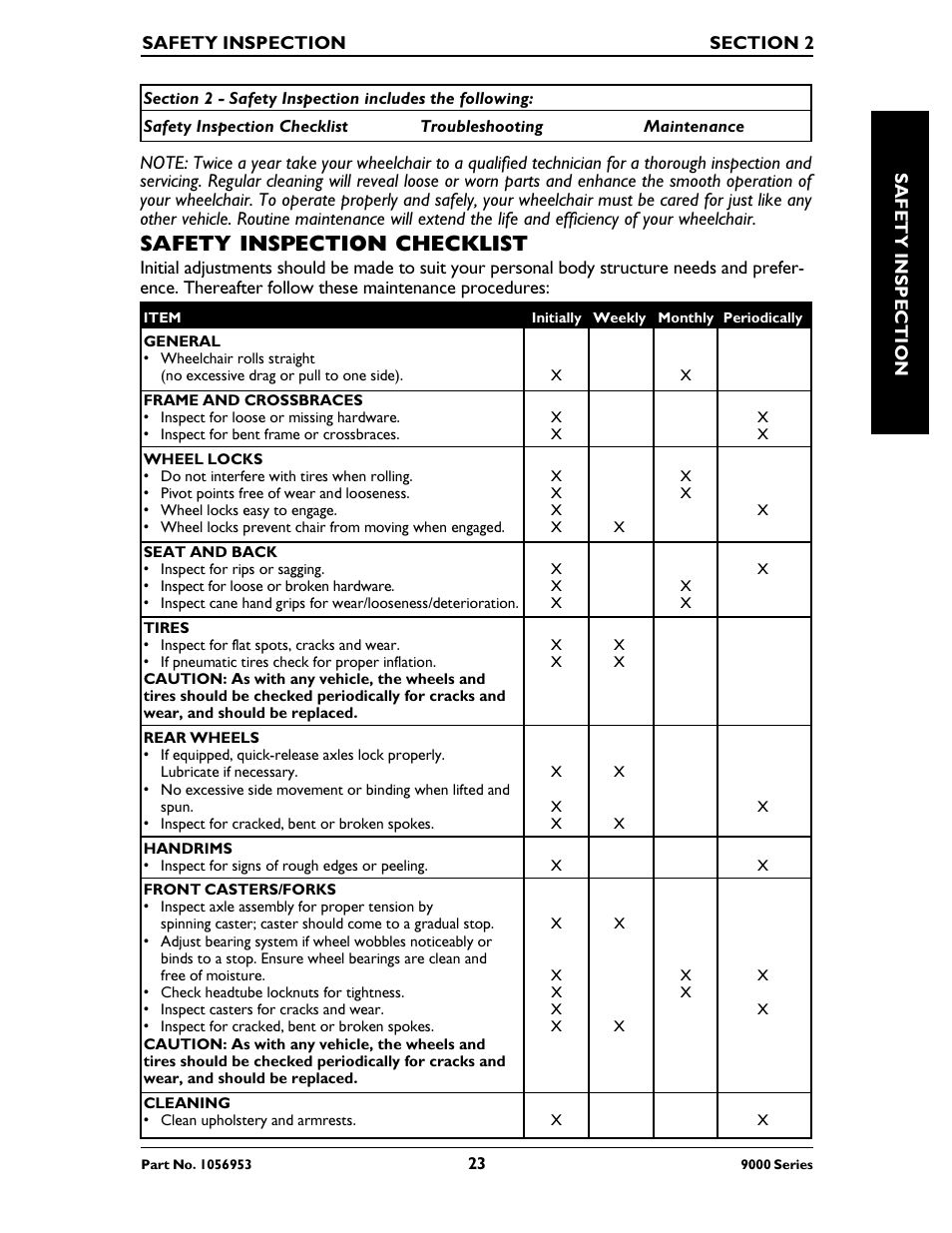 Safety inspection checklist | Invacare 9000 SL User Manual | Page 23 / 68