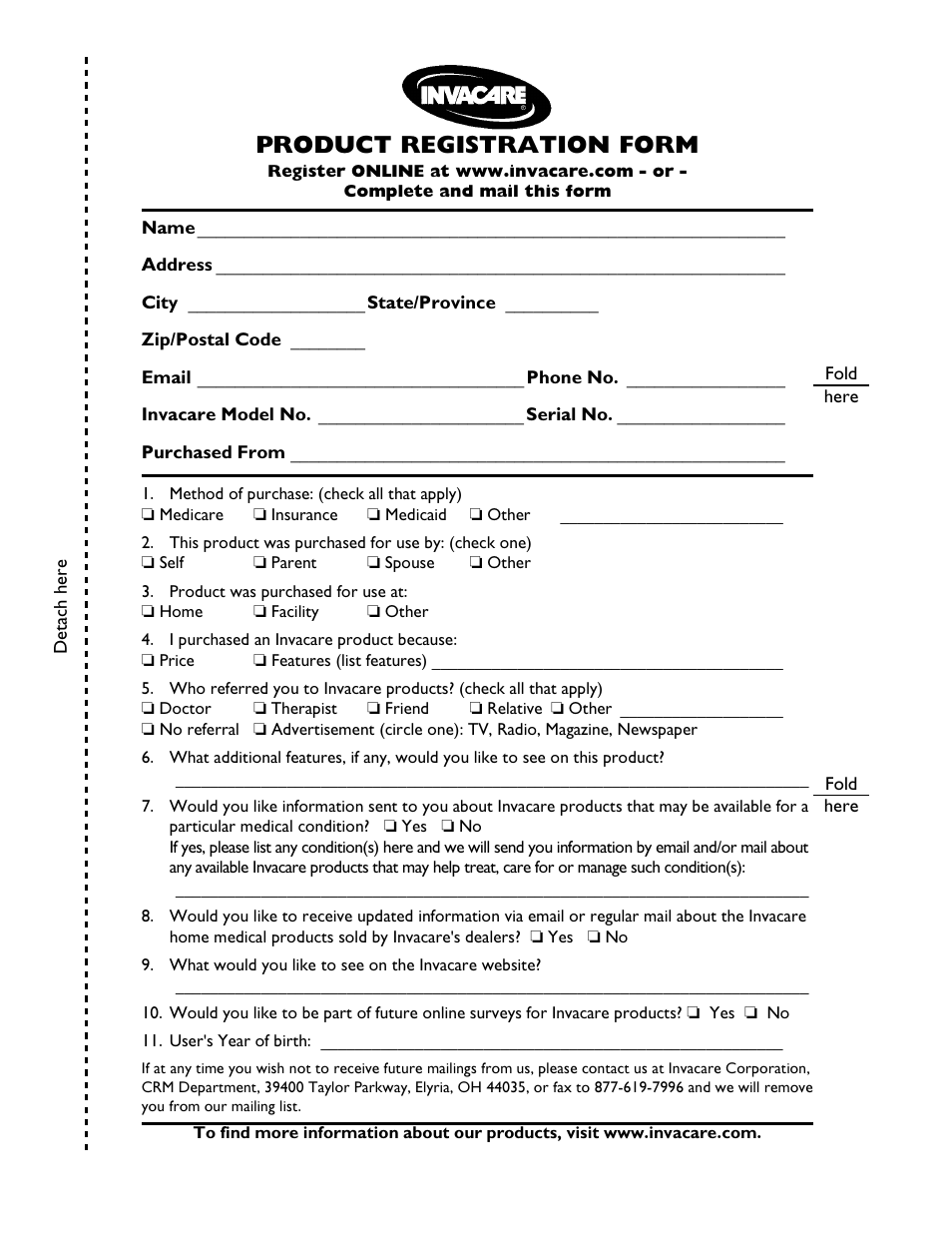 Product registration form | Invacare 9000 SL User Manual | Page 5 / 68