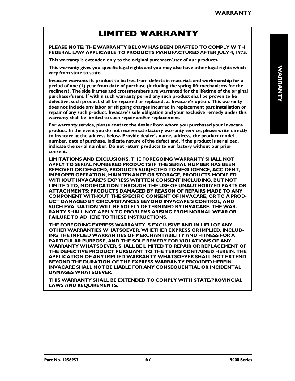 Limited warranty | Invacare 9000 SL User Manual | Page 67 / 68