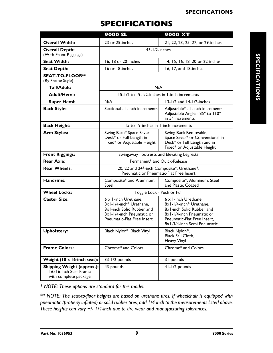 Specifications | Invacare 9000 SL User Manual | Page 9 / 68