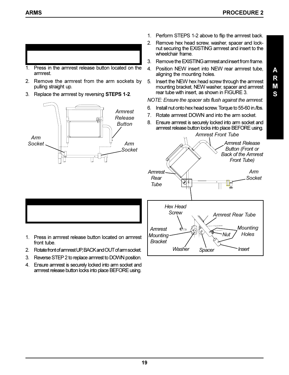 Removing or replacing armrest (figure 2), Using or replacing flip-back armrest (figure 3), Ar m s | Invacare DLX User Manual | Page 19 / 40