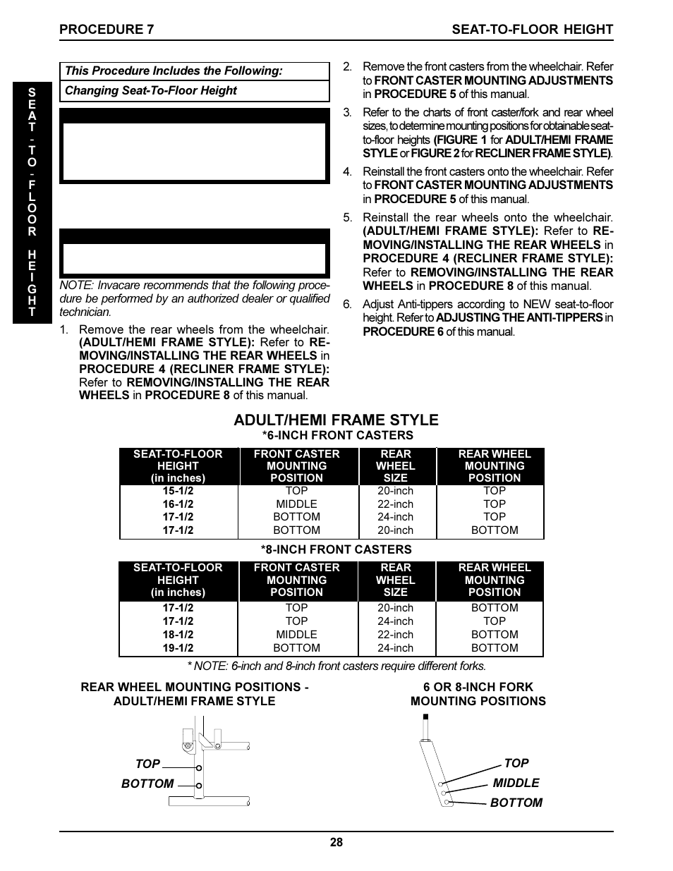 Adult/hemi frame style, Changing seat-to-floor height (figure 1 and 2) | Invacare DLX User Manual | Page 28 / 40