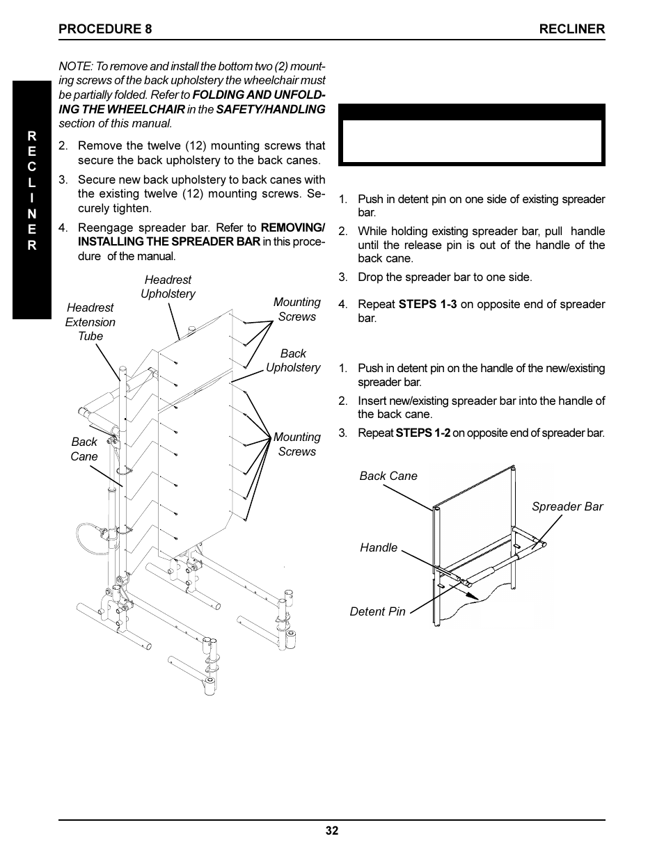 Removing/installing the spreader bar (figure 4) | Invacare DLX User Manual | Page 32 / 40