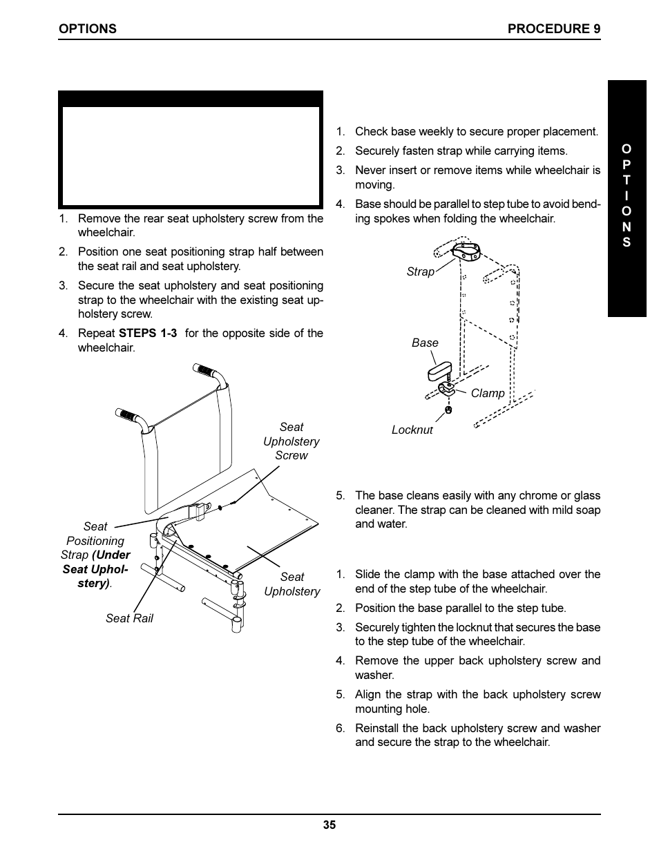 Installing the crutch and cane carrier (figure 3), Installing the seat positioning strap (figure 2) | Invacare DLX User Manual | Page 35 / 40