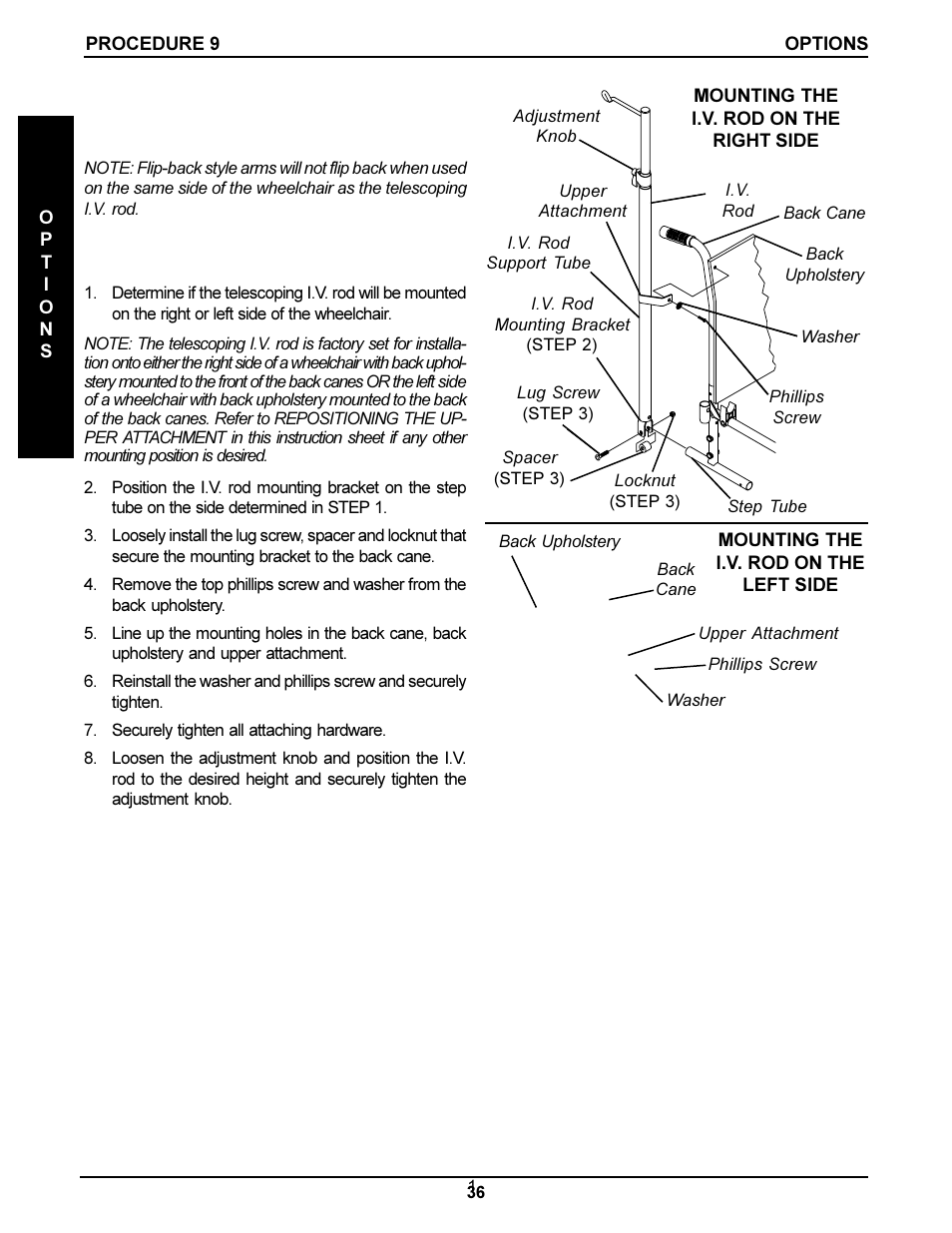 Installing the telescoping i.v. rod | Invacare DLX User Manual | Page 36 / 40