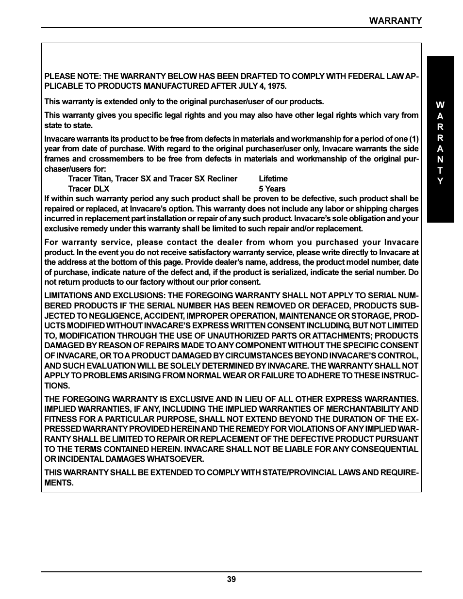 Limited warranty | Invacare DLX User Manual | Page 39 / 40
