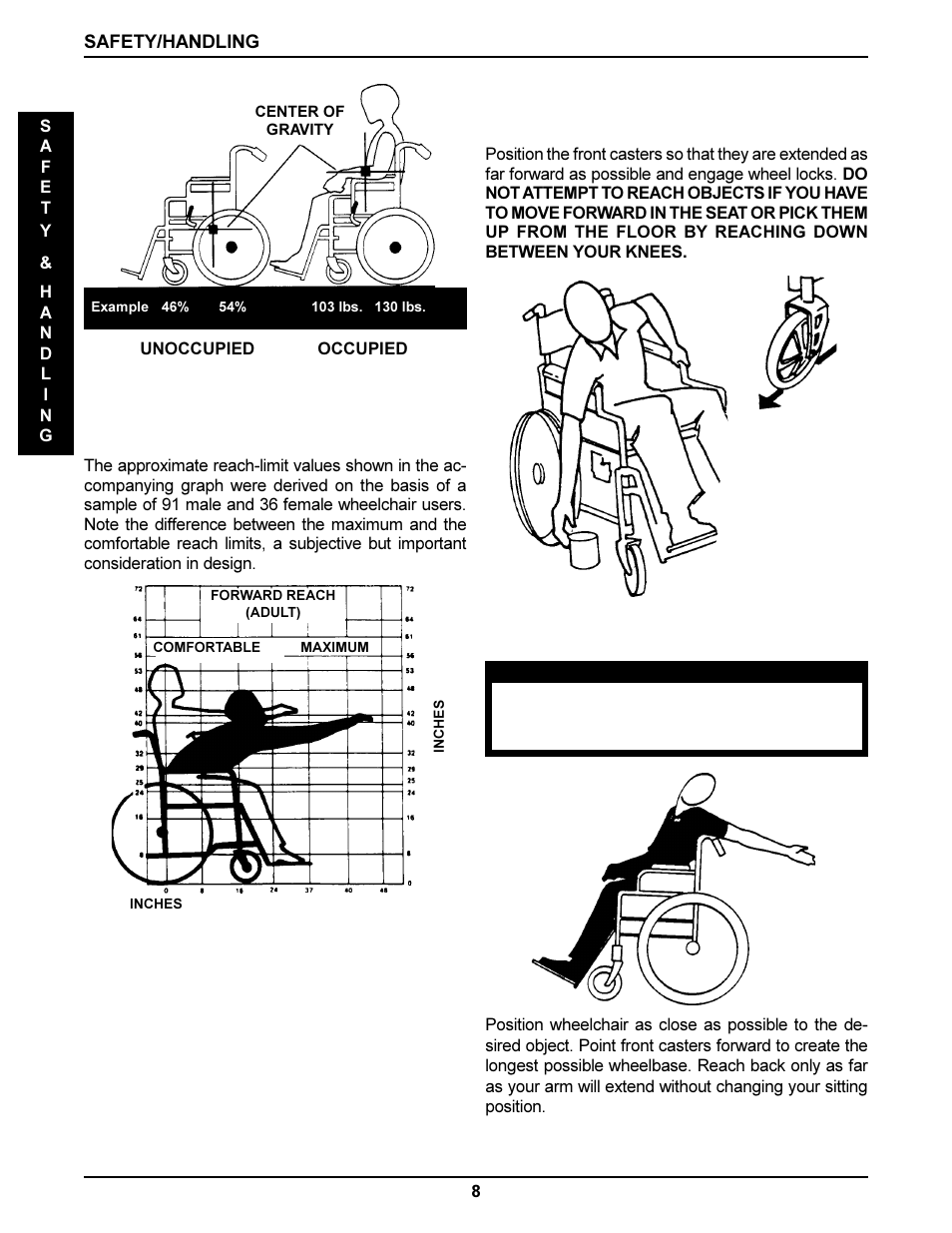 Functional reach from a wheelchair, Reaching, leaning and bending - forward, Reaching, leaning - backwards | Invacare DLX User Manual | Page 8 / 40