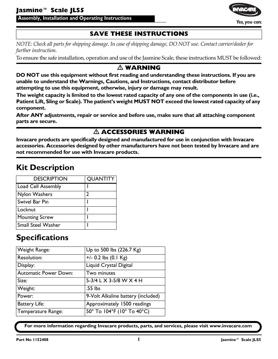 Invacare Jasmine JLS5 User Manual | 8 pages