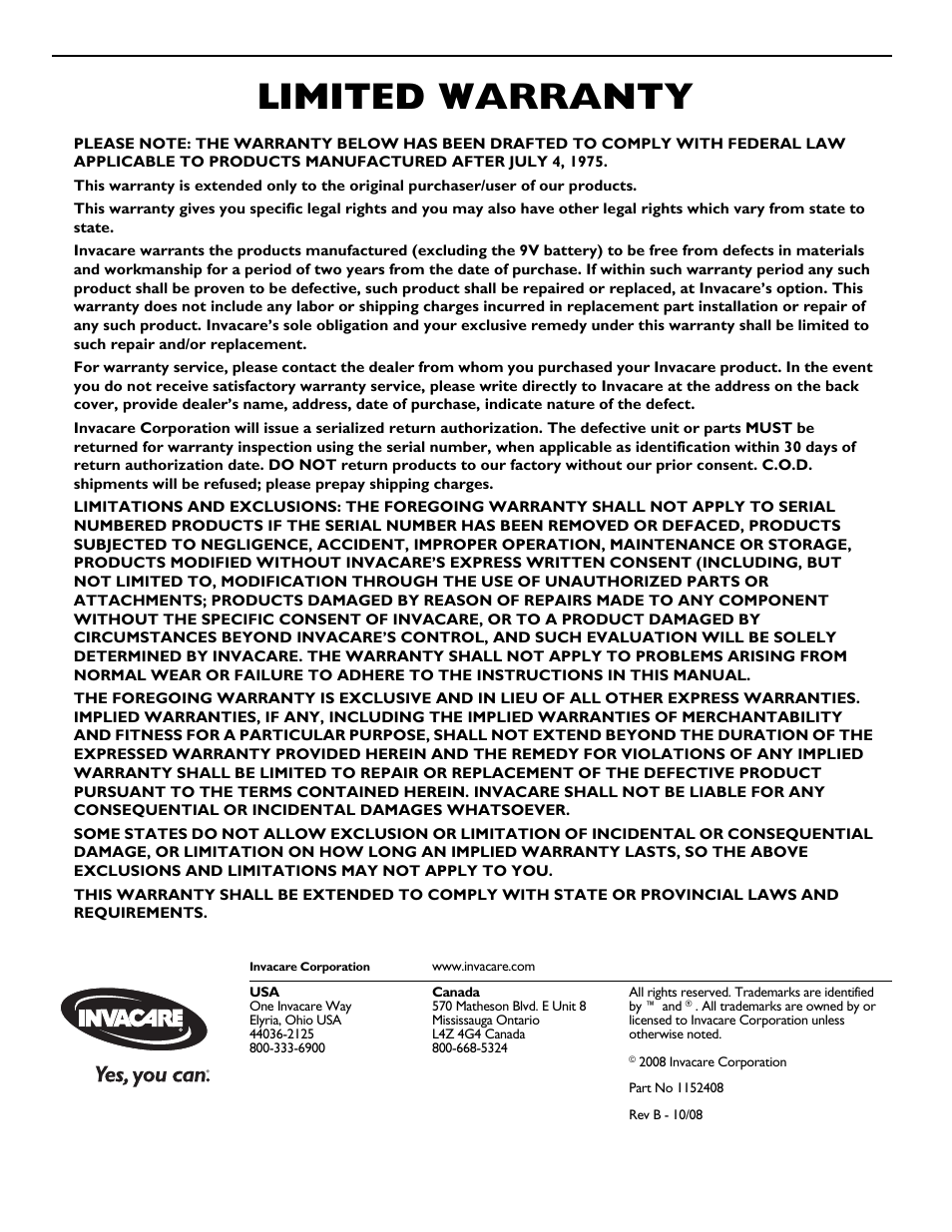 Limited warranty | Invacare Jasmine JLS5 User Manual | Page 8 / 8