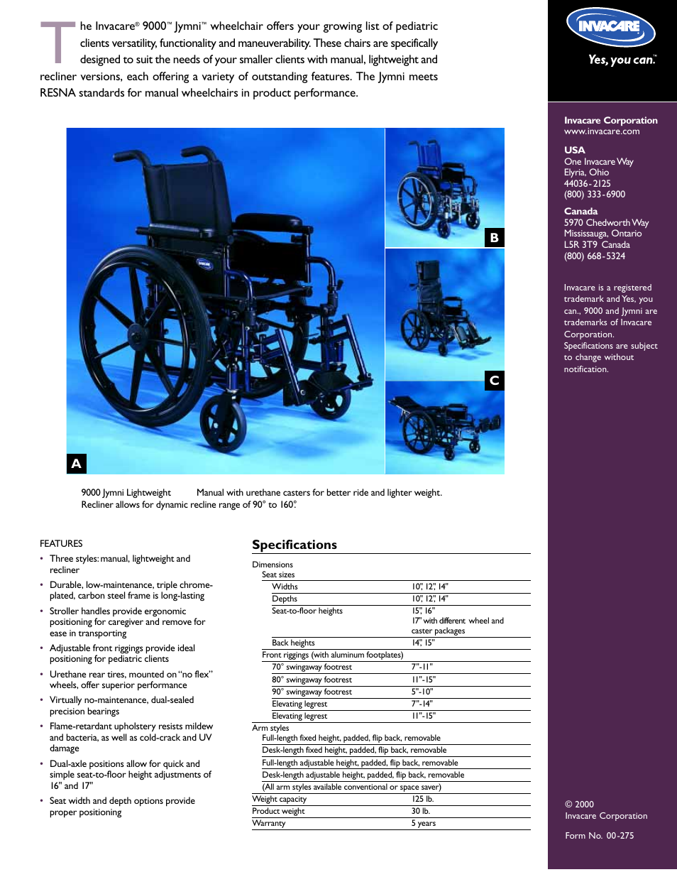 Specifications, Cb a | Invacare 9000 Jymni User Manual | Page 2 / 2