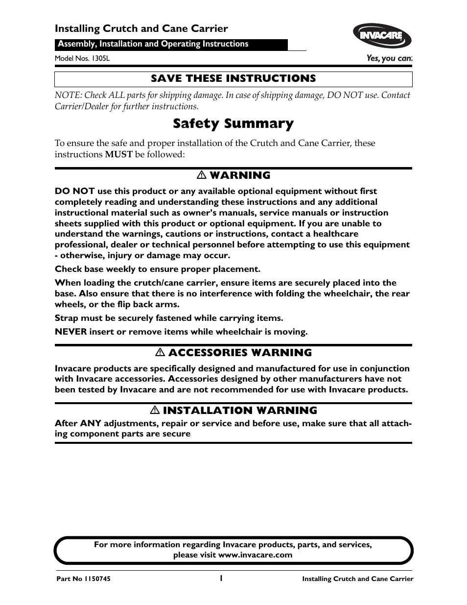 Invacare 1305L User Manual | 4 pages